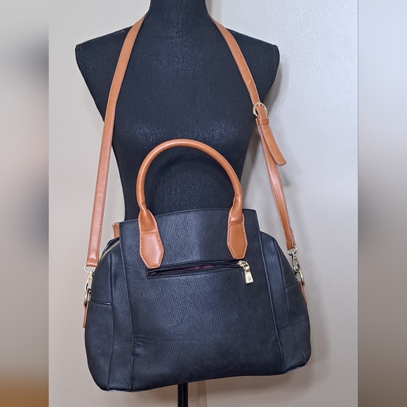 Adrienne Vittadini | Large Black/Brown Faux Leather Dome Satchel Crossbody Bag - Picture 2 of 16